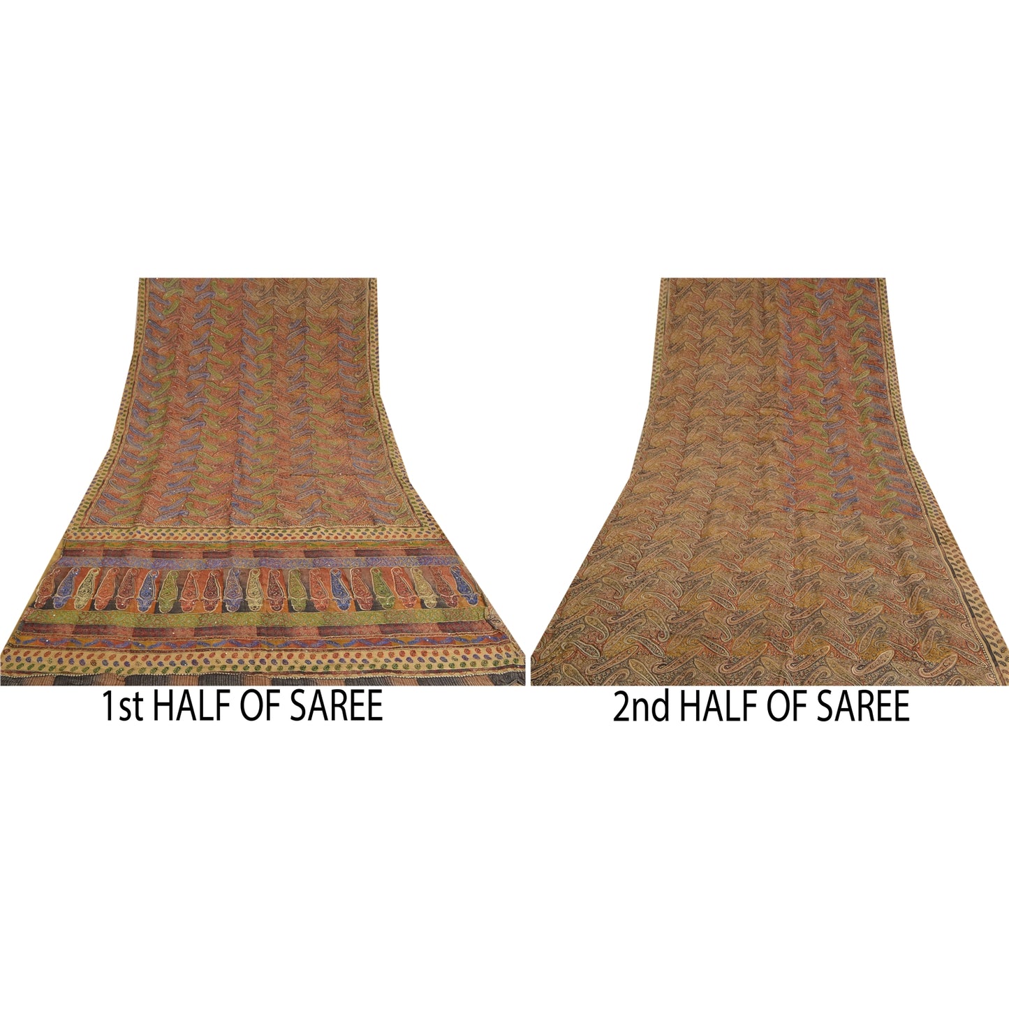 Sanskriti Vintage Sarees i multi-håndperletrykt ren crepe silke sari i bæredygtigt stof