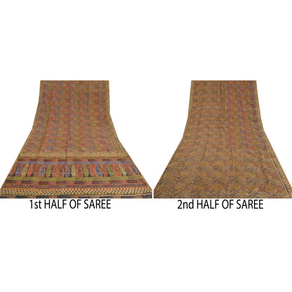 Sanskriti Vintage Sarees i multi-håndperletrykt ren crepe silke sari i bæredygtigt stof