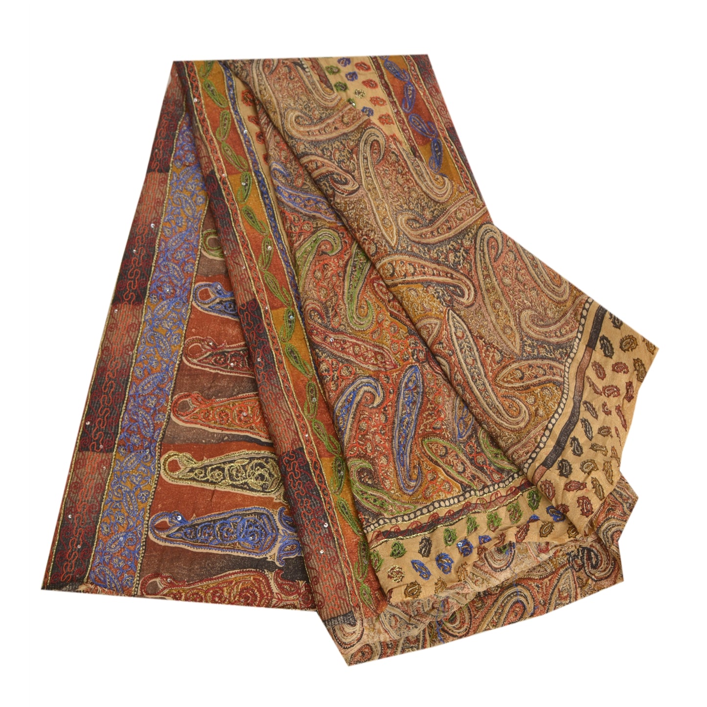 Sanskriti Vintage Sarees i multi-håndperletrykt ren crepe silke sari i bæredygtigt stof