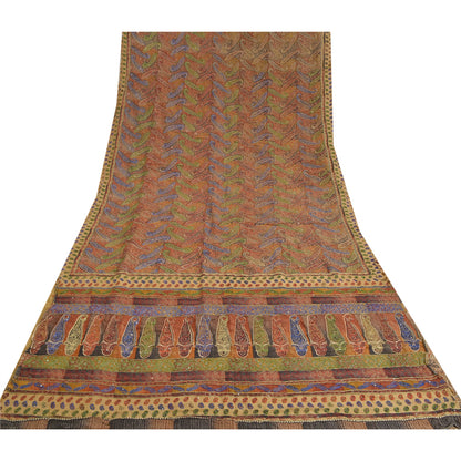 Sanskriti Vintage Sarees i multi-håndperletrykt ren crepe silke sari i bæredygtigt stof