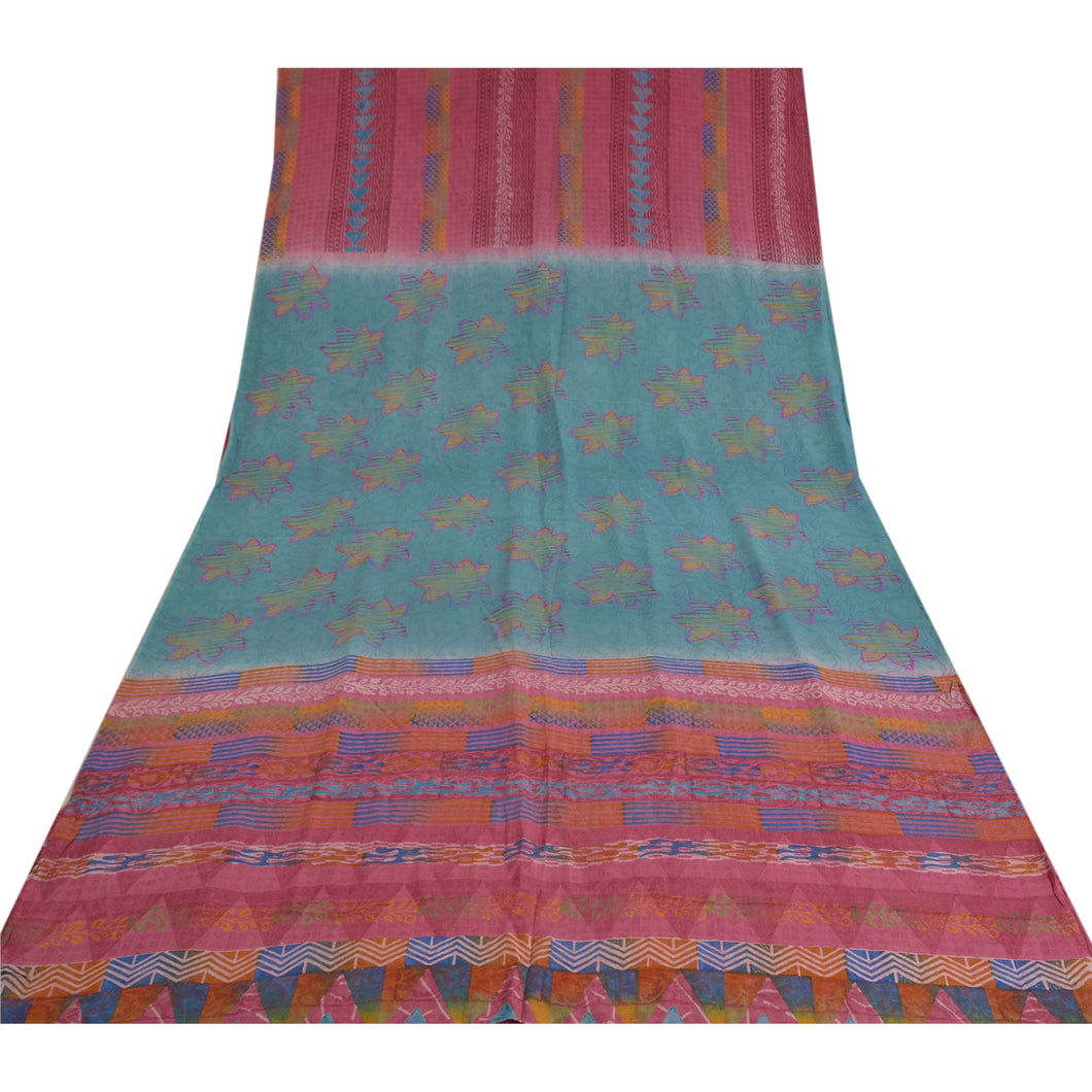 Sanskriti Vintage Sarees Pink Block Printed Pure Crepe Silk Sari Craft Fabric