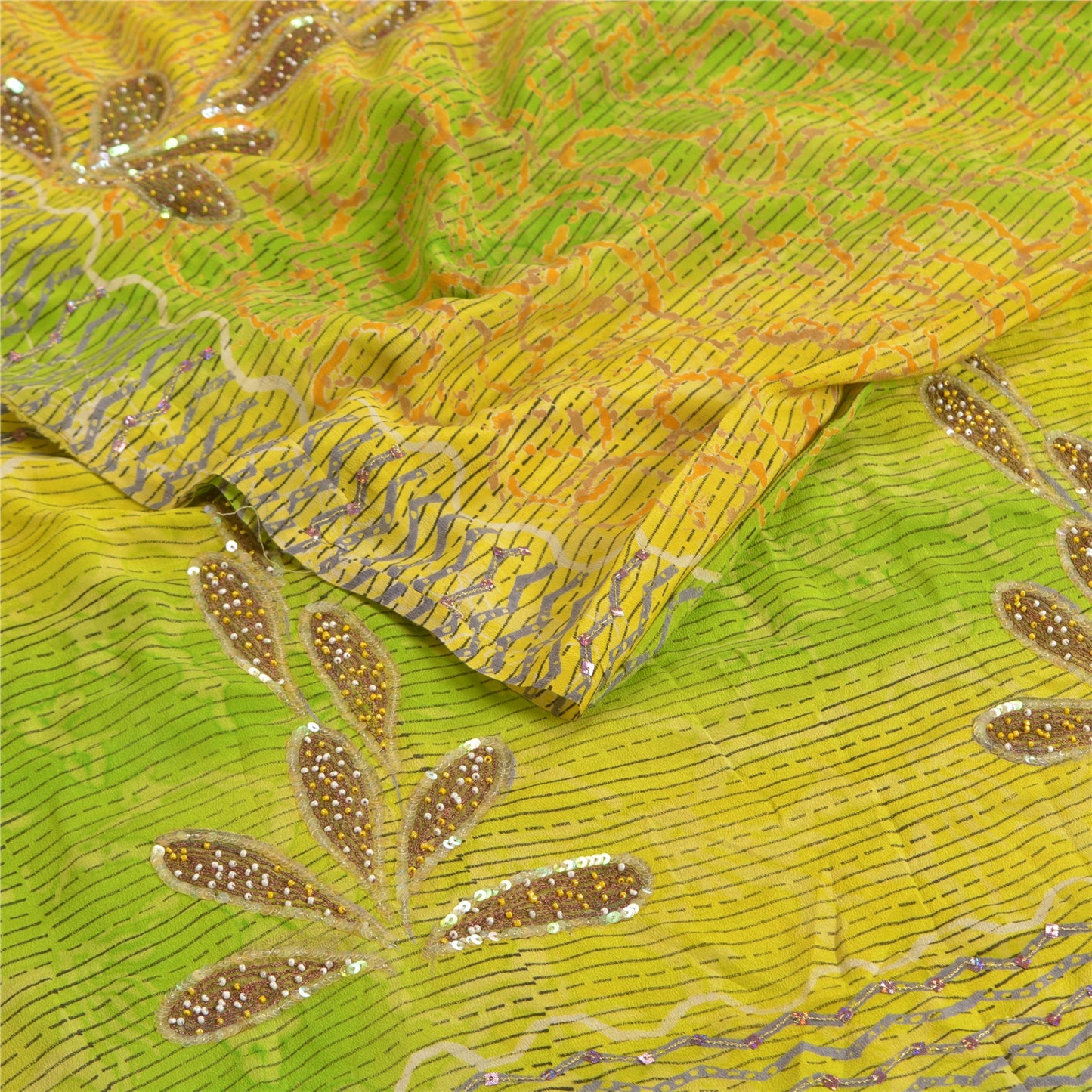 Sanskriti Vintage Sarees Green Hand Beaded Pure Crepe Silk Printed Sari Sustainable Fabric