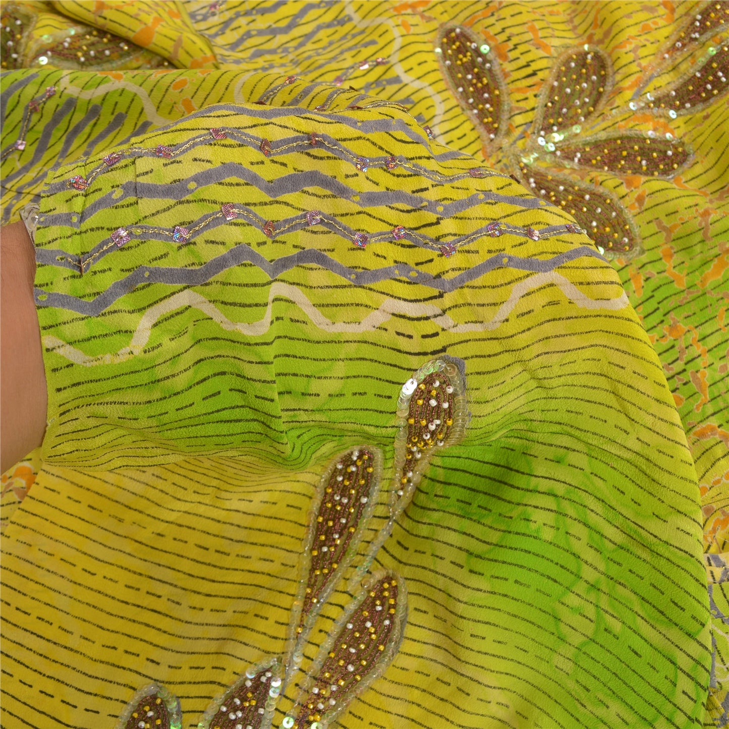 Sanskriti Vintage Sarees Green Hand Beaded Pure Crepe Silk Printed Sari Sustainable Fabric