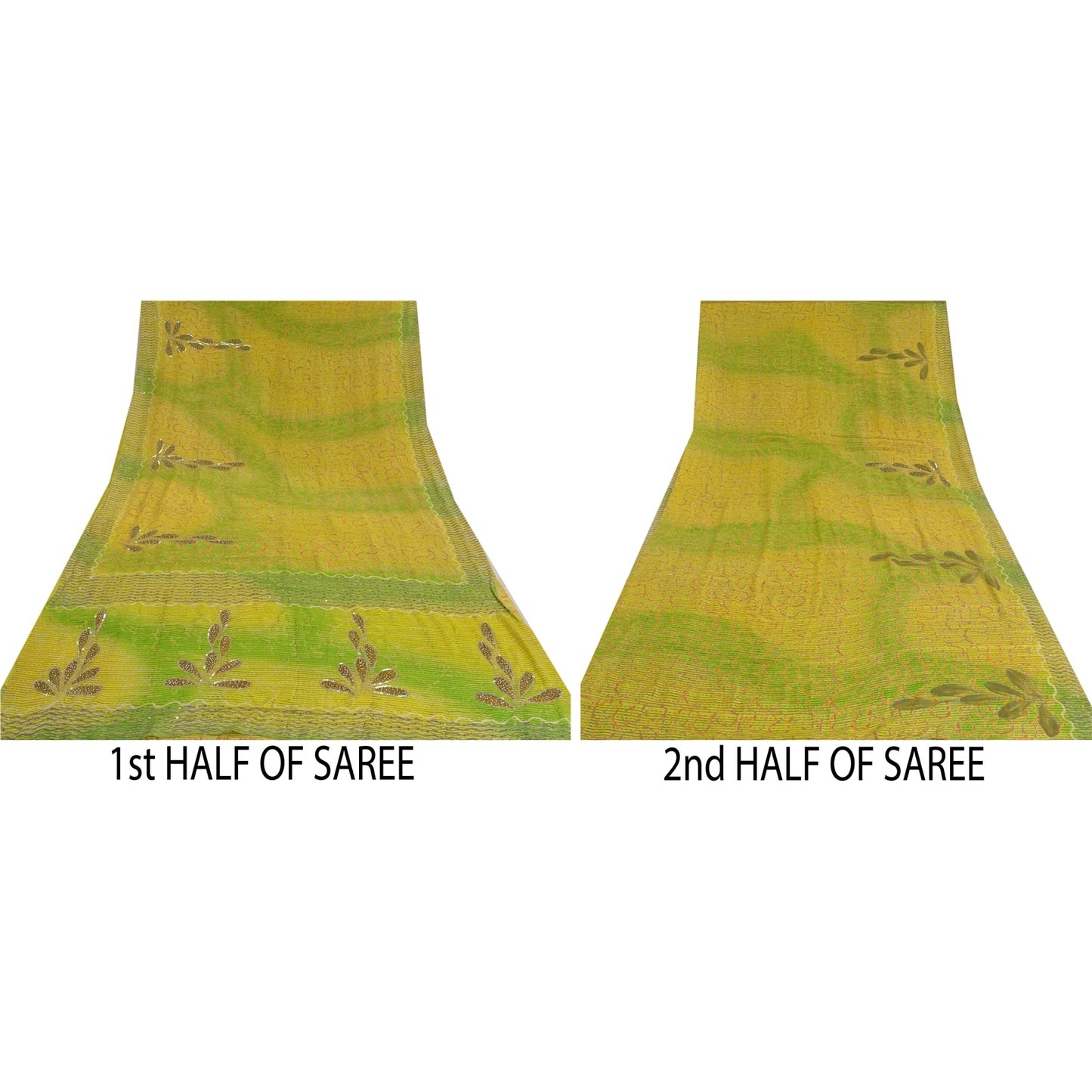 Sanskriti Vintage Sarees Green Hand Beaded Pure Crepe Silk Printed Sari Sustainable Fabric