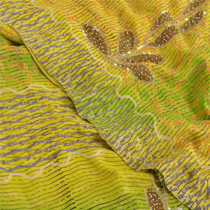 Sanskriti Vintage Sarees Green Hand Beaded Pure Crepe Silk Printed Sari Sustainable Fabric