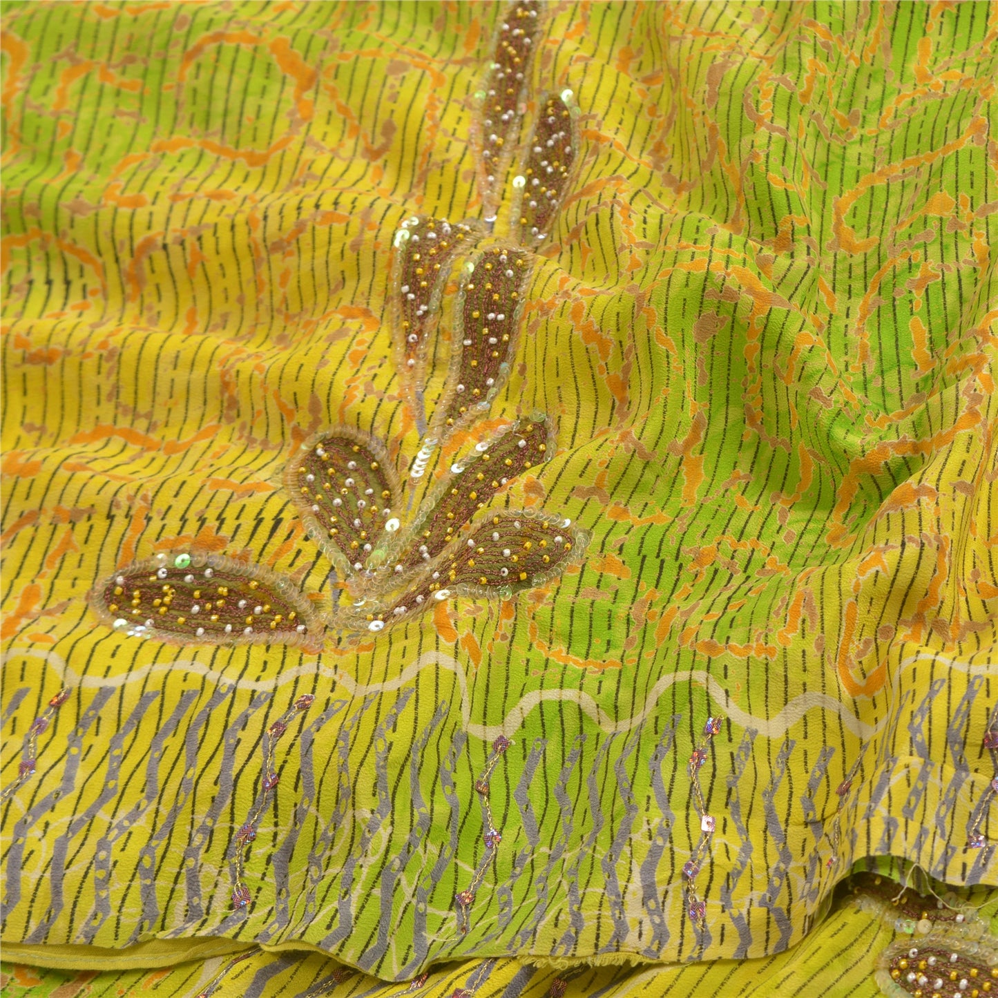 Sanskriti Vintage Sarees Green Hand Beaded Pure Crepe Silk Printed Sari Sustainable Fabric