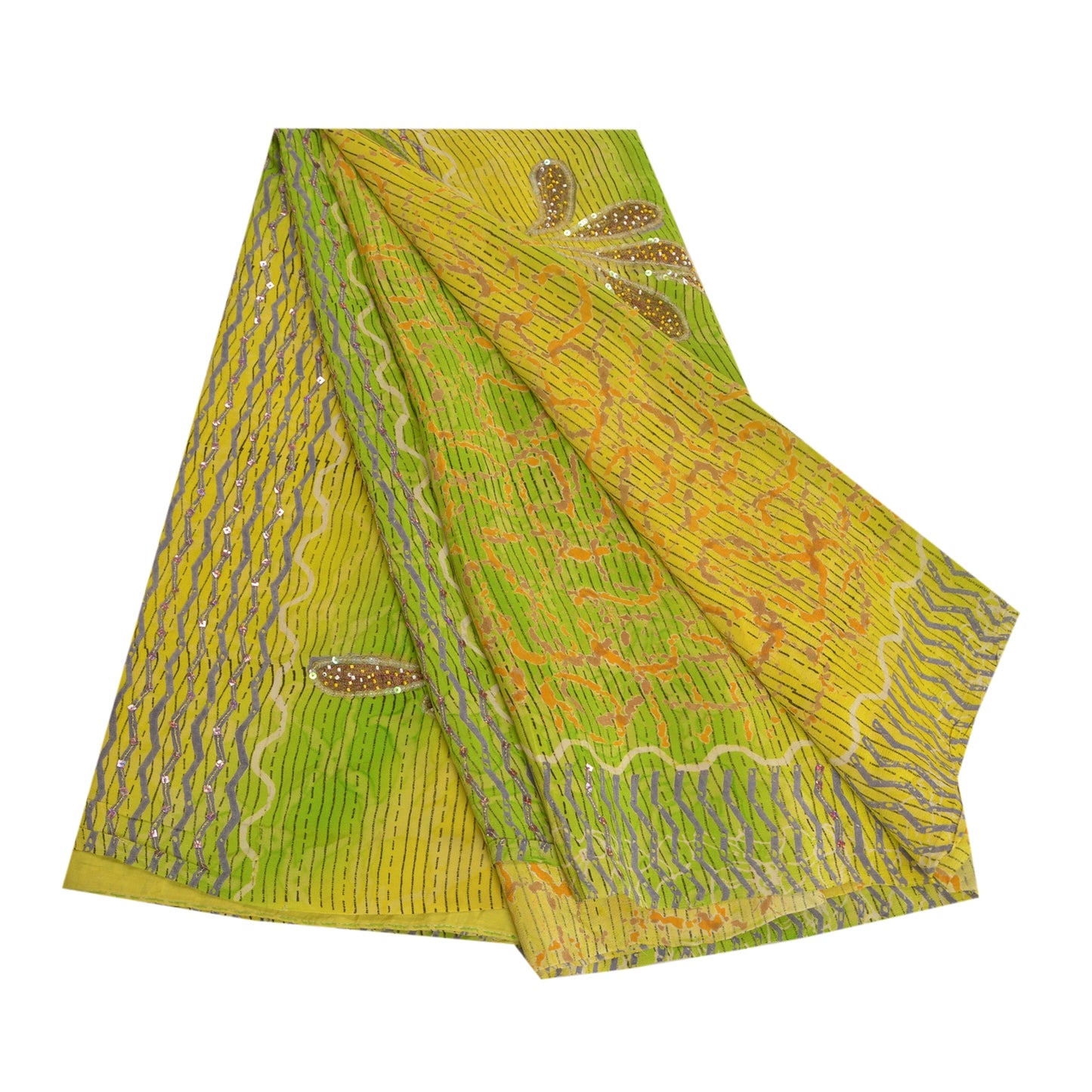 Sanskriti Vintage Sarees Green Hand Beaded Pure Crepe Silk Printed Sari Sustainable Fabric