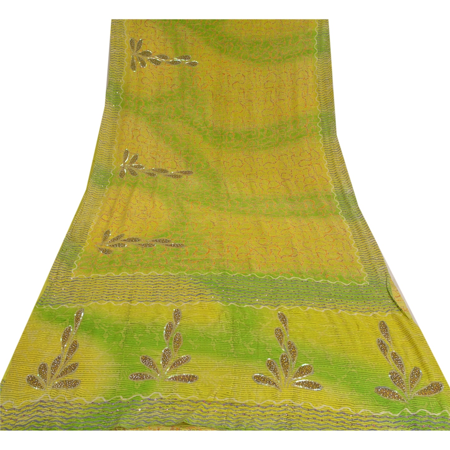 Sanskriti Vintage Sarees Green Hand Beaded Pure Crepe Silk Printed Sari Sustainable Fabric