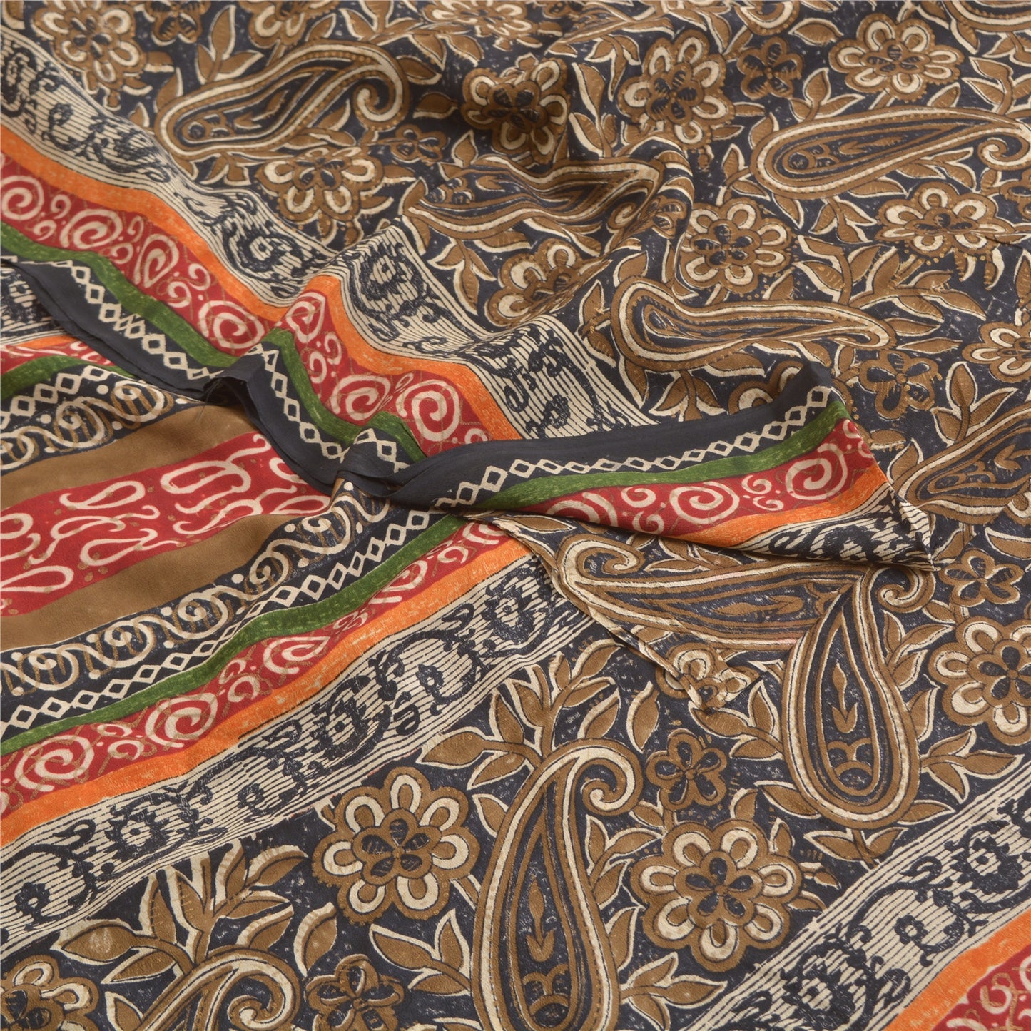 Sanskriti Vintage Sarees Black Block Printed Pure Crepe Silk Paisley Sari Sustainable Fabric