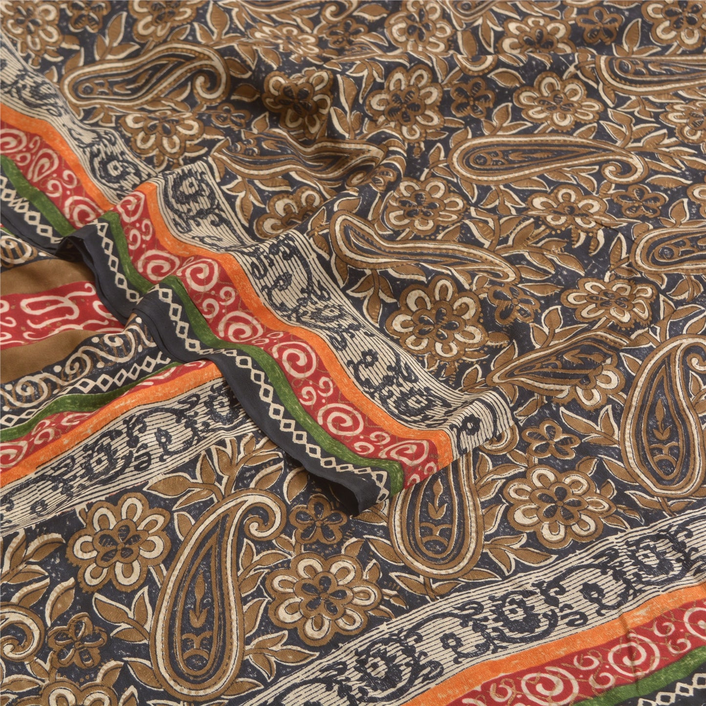 Sanskriti Vintage Sarees Black Block Printed Pure Crepe Silk Paisley Sari Sustainable Fabric