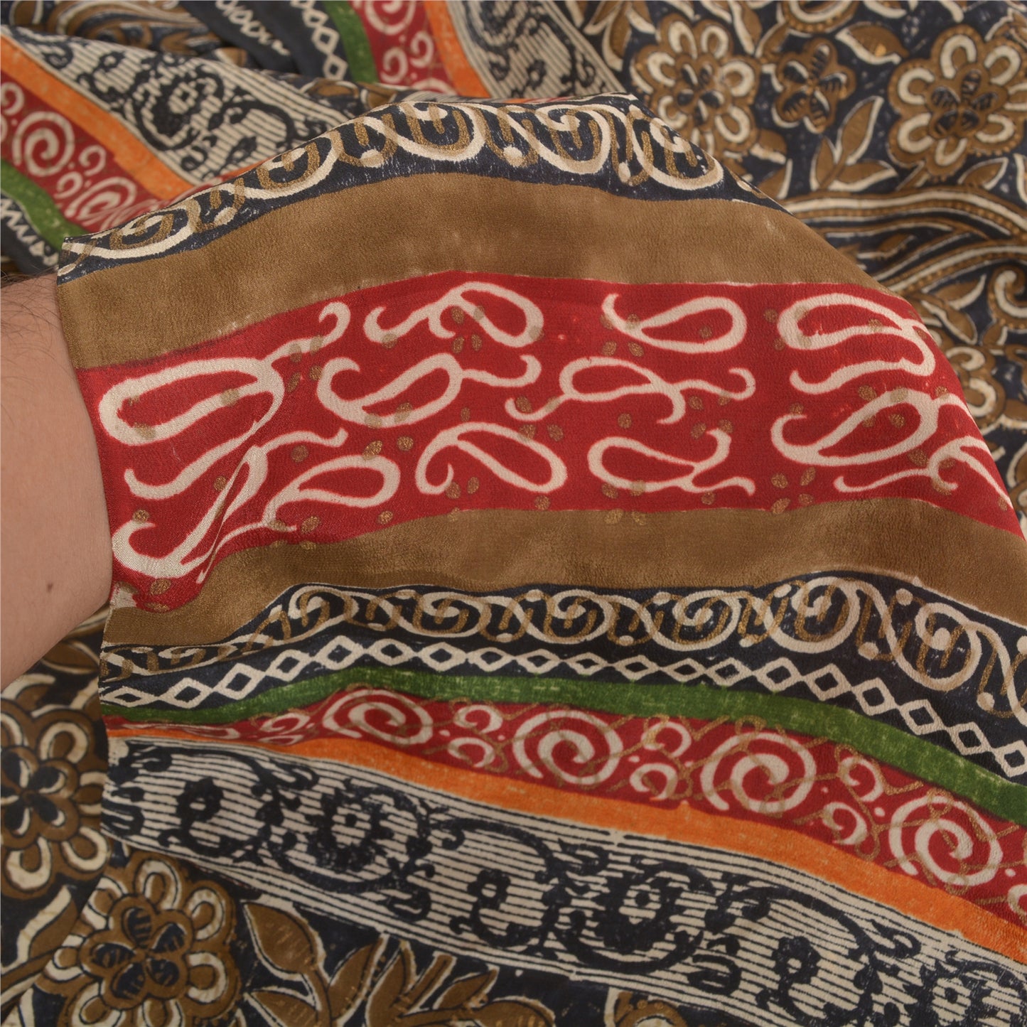 Sanskriti Vintage Sarees Black Block Printed Pure Crepe Silk Paisley Sari Sustainable Fabric