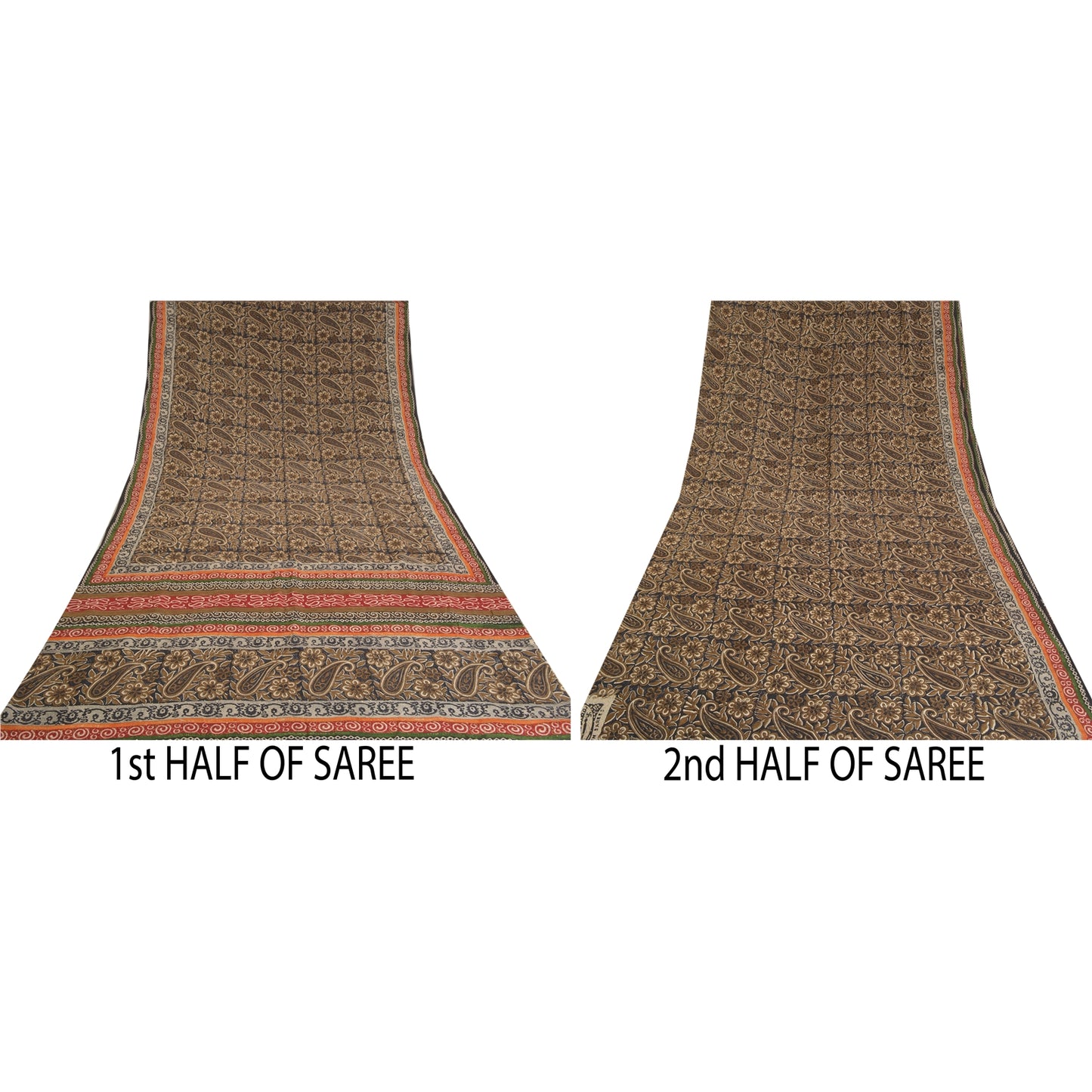 Sanskriti Vintage Sarees Black Block Printed Pure Crepe Silk Paisley Sari Sustainable Fabric