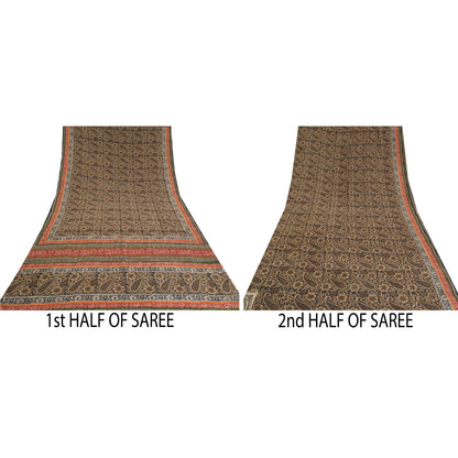 Sanskriti Vintage Sarees Black Block Printed Pure Crepe Silk Paisley Sari Sustainable Fabric