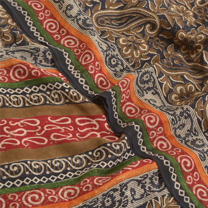 Sanskriti Vintage Sarees Black Block Printed Pure Crepe Silk Paisley Sari Sustainable Fabric