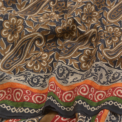 Sanskriti Vintage Sarees Black Block Printed Pure Crepe Silk Paisley Sari Sustainable Fabric