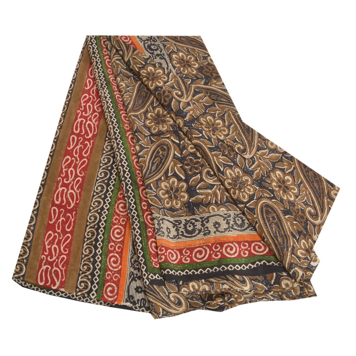 Sanskriti Vintage Sarees Black Block Printed Pure Crepe Silk Paisley Sari Sustainable Fabric