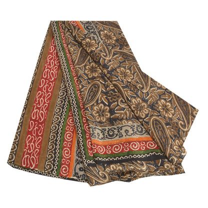 Sanskriti Vintage Sarees Black Block Printed Pure Crepe Silk Paisley Sari Sustainable Fabric