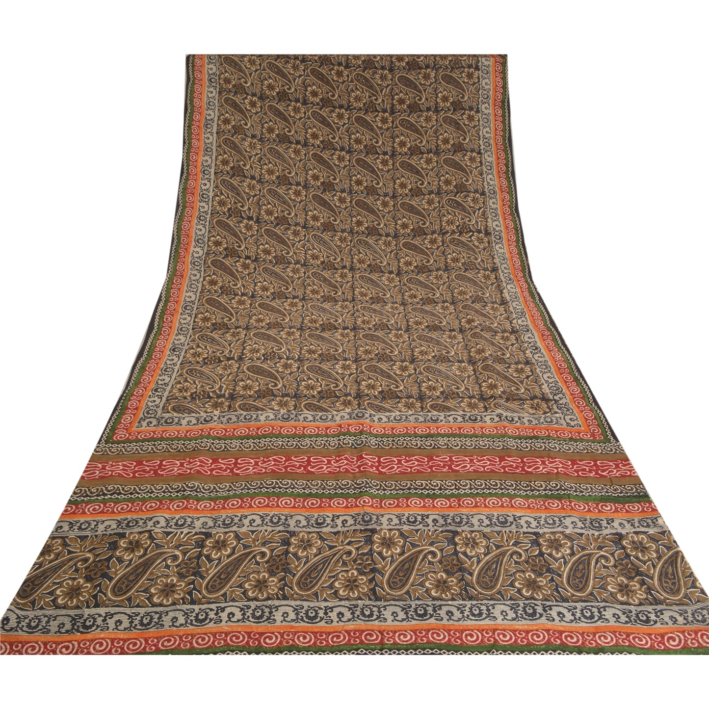 Sanskriti Vintage Sarees Black Block Printed Pure Crepe Silk Paisley Sari Sustainable Fabric