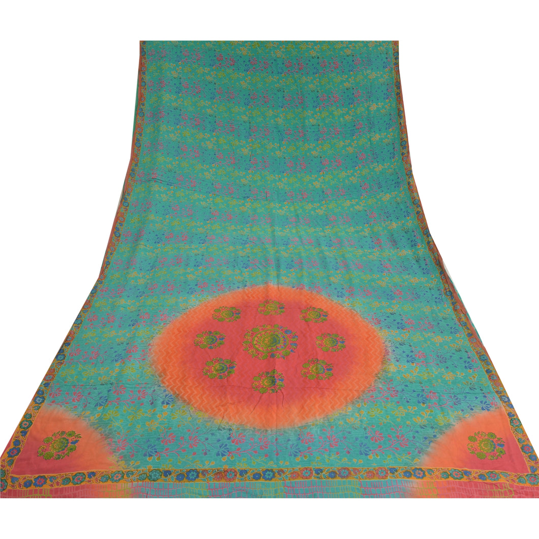 Sanskriti Vintage Sarees Green Pure Crepe Silk Block Printed Sari Craft Fabric