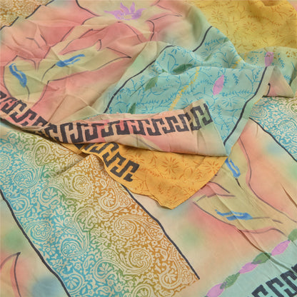 Sanskriti Vintage Sarees Mustard Printed Pure Crepe Silk Sari Soft Craft Sustainable Fabric