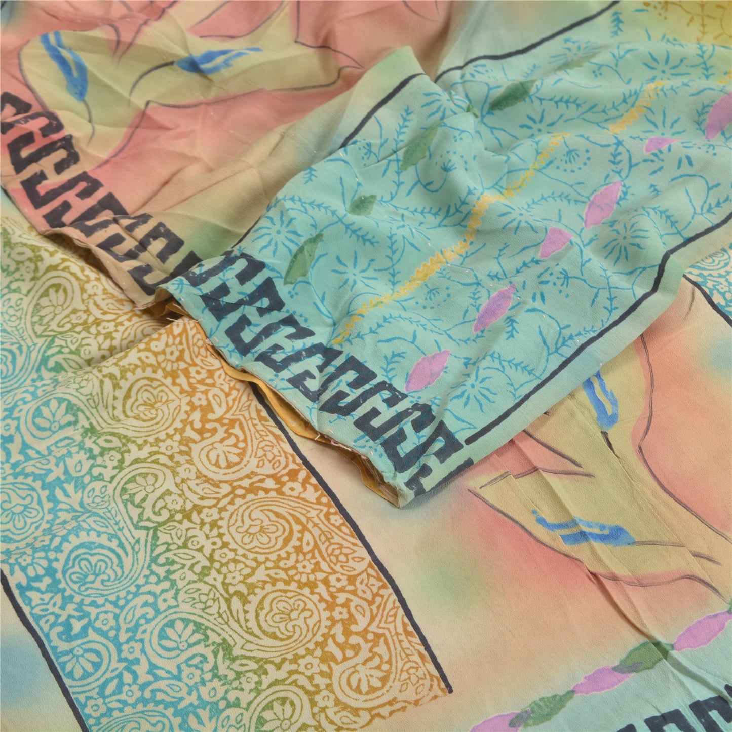 Sanskriti Vintage Sarees Mustard Printed Pure Crepe Silk Sari Soft Craft Sustainable Fabric