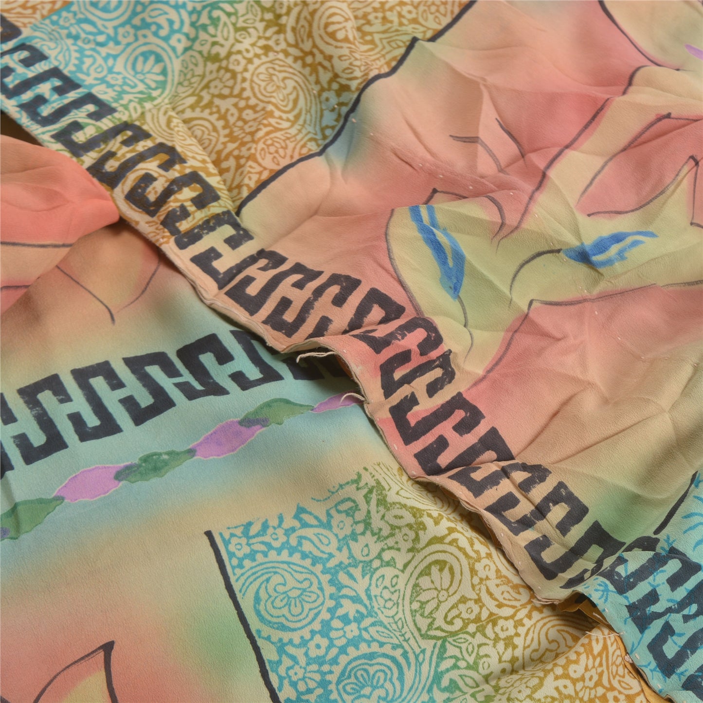 Sanskriti Vintage Sarees Mustard Printed Pure Crepe Silk Sari Soft Craft Sustainable Fabric