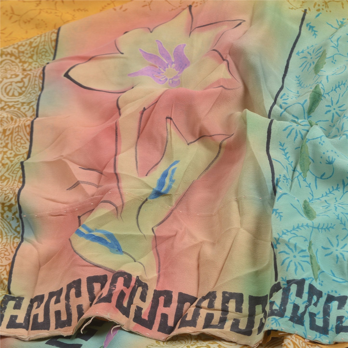 Sanskriti Vintage Sarees Mustard Printed Pure Crepe Silk Sari Soft Craft Sustainable Fabric