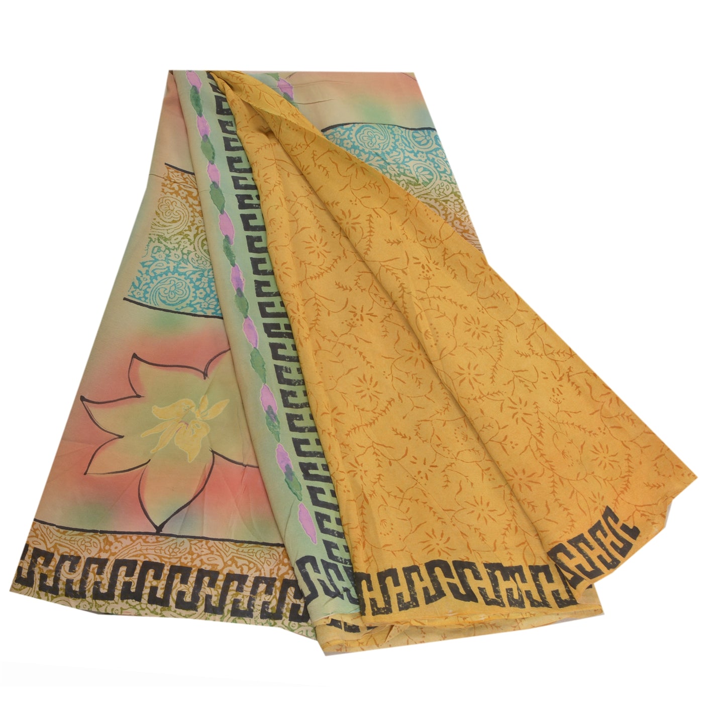 Sanskriti Vintage Sarees Mustard Printed Pure Crepe Silk Sari Soft Craft Sustainable Fabric