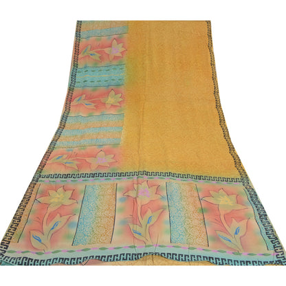 Sanskriti Vintage Sarees Mustard Printed Pure Crepe Silk Sari Soft Craft Sustainable Fabric
