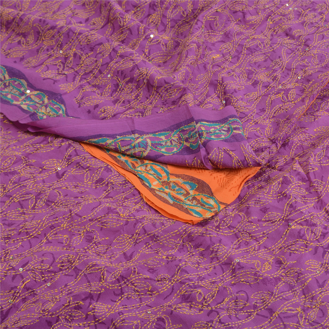 Sanskriti Vintage Sarees Purple Hand Beaded Kantha Pure Crepe Silk Sari Fabric