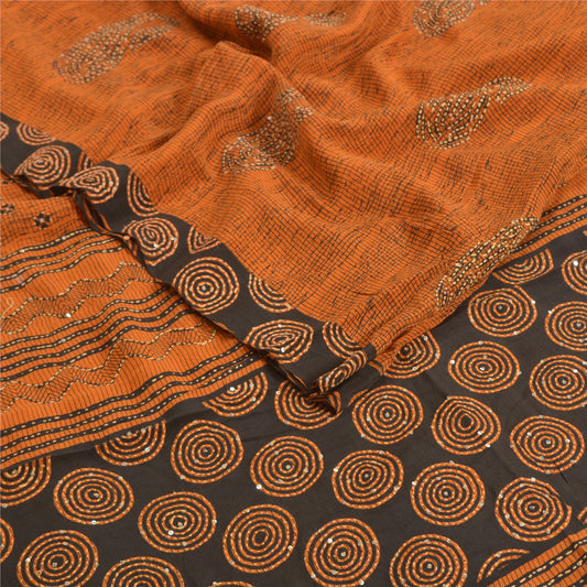 Sanskriti Vintage Sarees Orange Hand Beaded Kantha Pure Crepe Silk Sari Sustainable Fabric