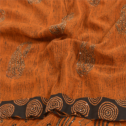 Sanskriti Vintage Sarees Orange Hand Beaded Kantha Pure Crepe Silk Sari Sustainable Fabric