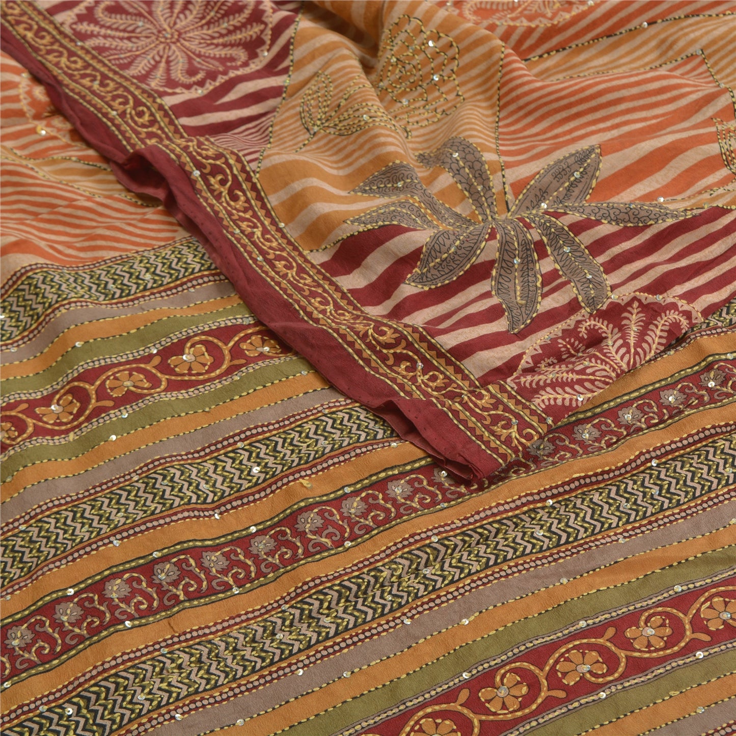 Санскритские винтажные сари, расшитые вручную бисером, кантха, чистый крепированный шелк, сари, ремесло, устойчивая ткань