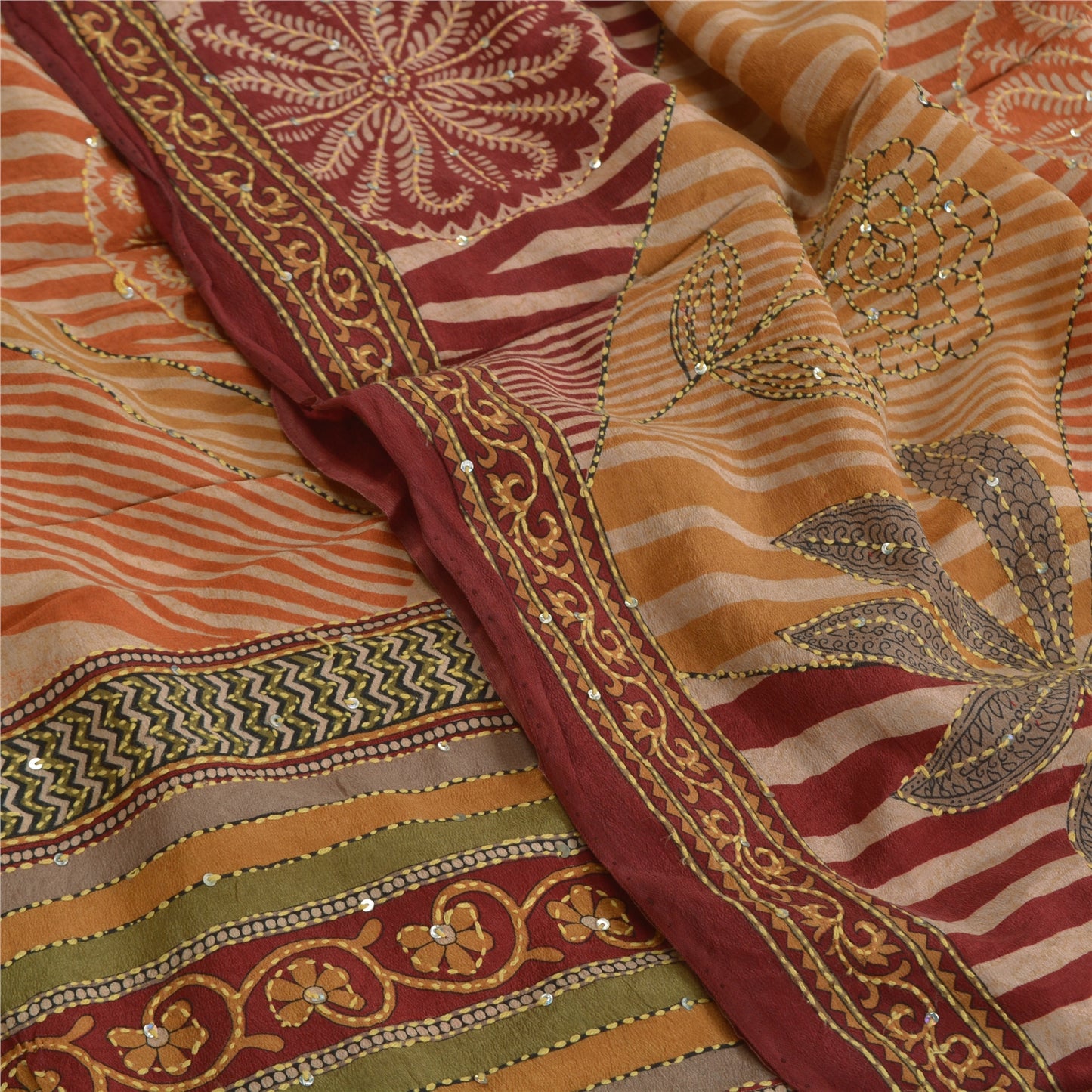 Санскритские винтажные сари, расшитые вручную бисером, кантха, чистый крепированный шелк, сари, ремесло, устойчивая ткань