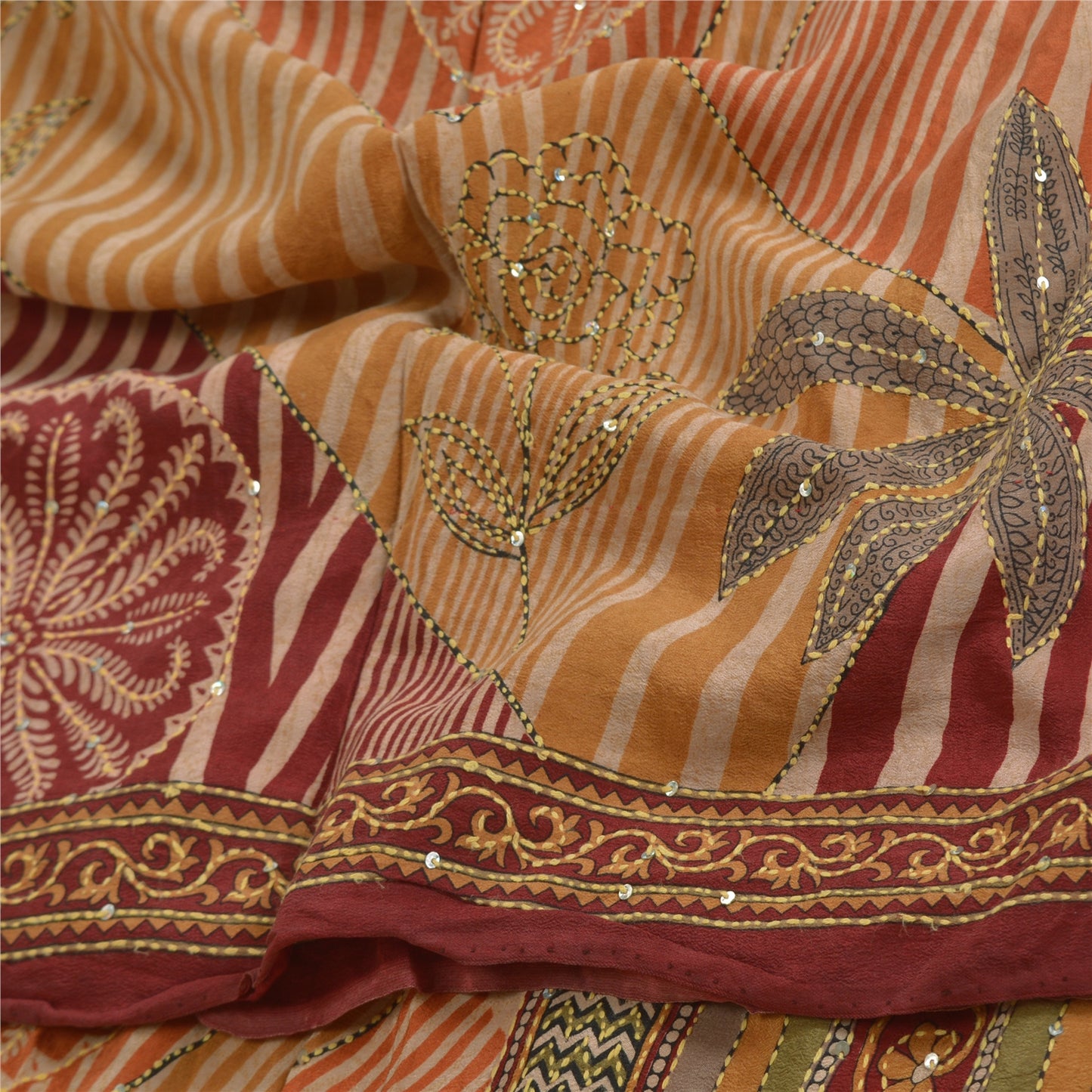 Санскритские винтажные сари, расшитые вручную бисером, кантха, чистый крепированный шелк, сари, ремесло, устойчивая ткань