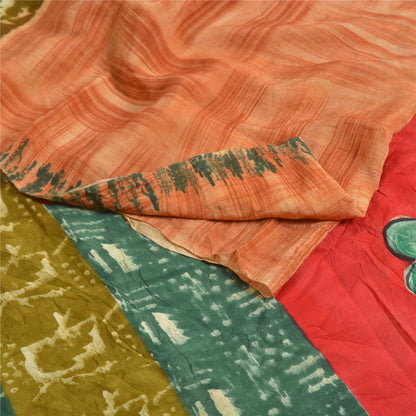 Sanskriti Vintage Sarees Peach Indian Pure Crepe Silk Print Sari Craft Sustainable Fabric