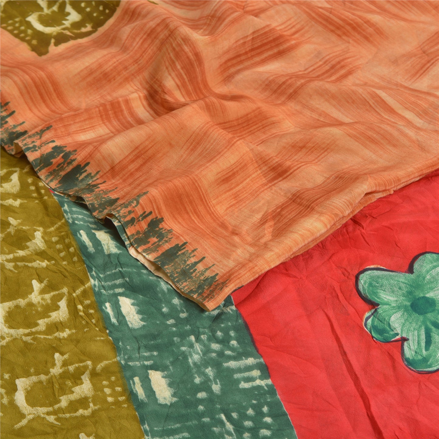 Sanskriti Vintage Sarees Peach Indian Pure Crepe Silk Print Sari Craft Sustainable Fabric