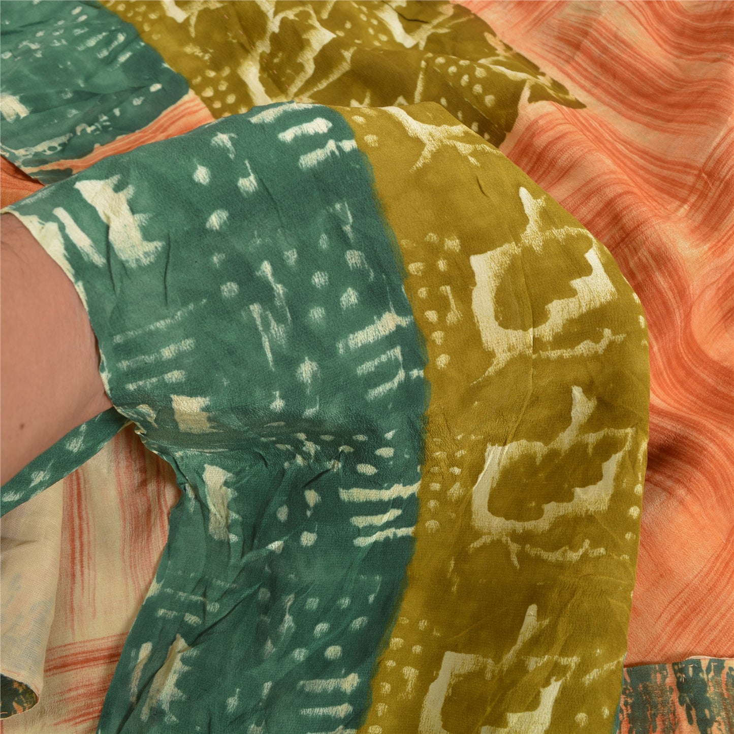 Sanskriti Vintage Sarees Peach Indian Pure Crepe Silk Print Sari Craft Sustainable Fabric