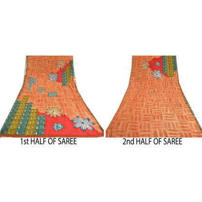 Sanskriti Vintage Sarees Peach Indian Pure Crepe Silk Print Sari Craft Sustainable Fabric