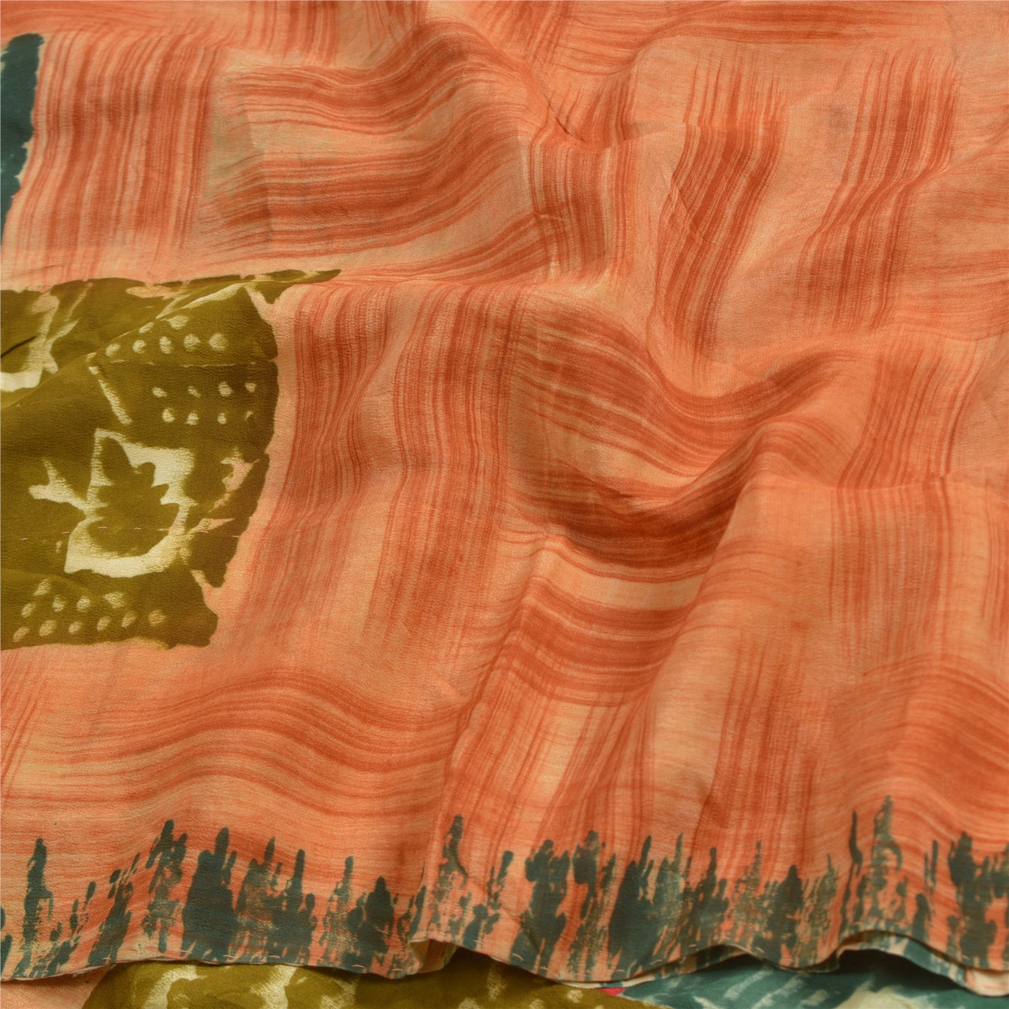 Sanskriti Vintage Sarees Peach Indian Pure Crepe Silk Print Sari Craft Sustainable Fabric