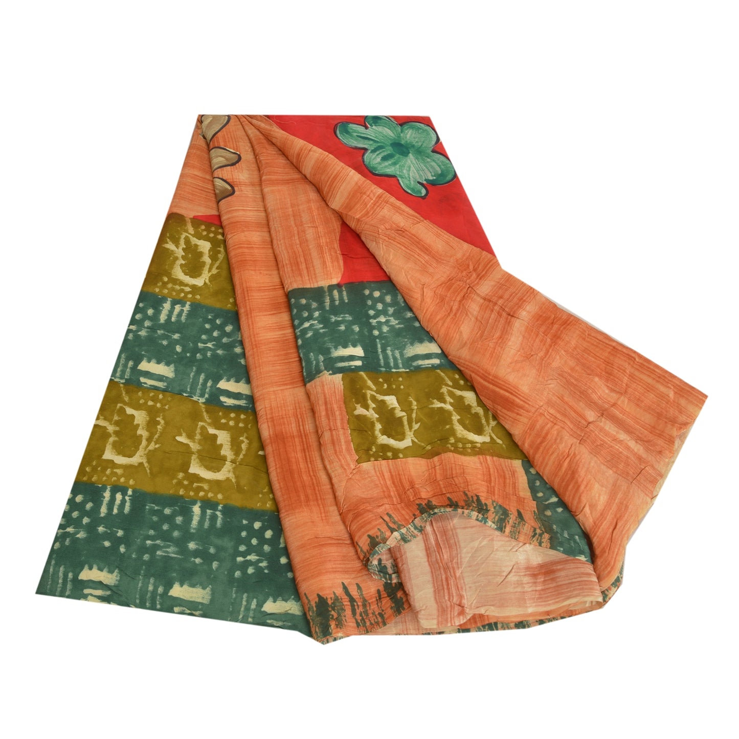 Sanskriti Vintage Sarees Peach Indian Pure Crepe Silk Print Sari Craft Sustainable Fabric