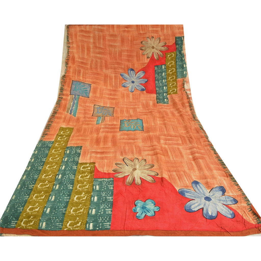 Sanskriti Vintage Sarees Peach Indian Pure Crepe Silk Print Sari Craft Sustainable Fabric