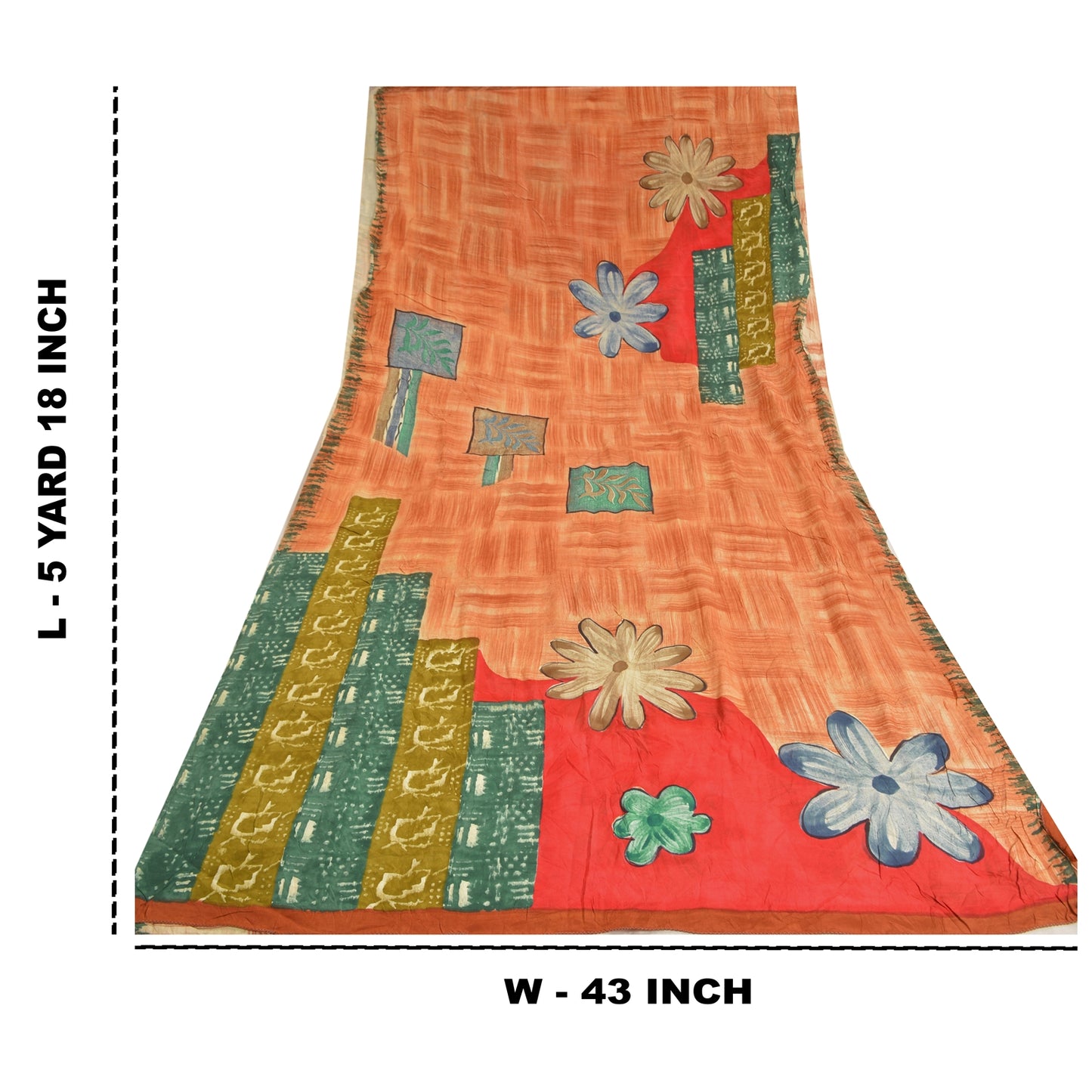 Sanskriti Vintage Sarees Peach Indian Pure Crepe Silk Print Sari Craft Sustainable Fabric