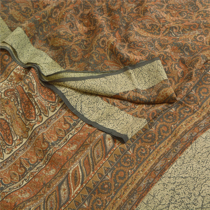 Sanskriti Vintage Sarees Brown Indian Pure Crepe Silk Printed Sari Craft Sustainable Fabric