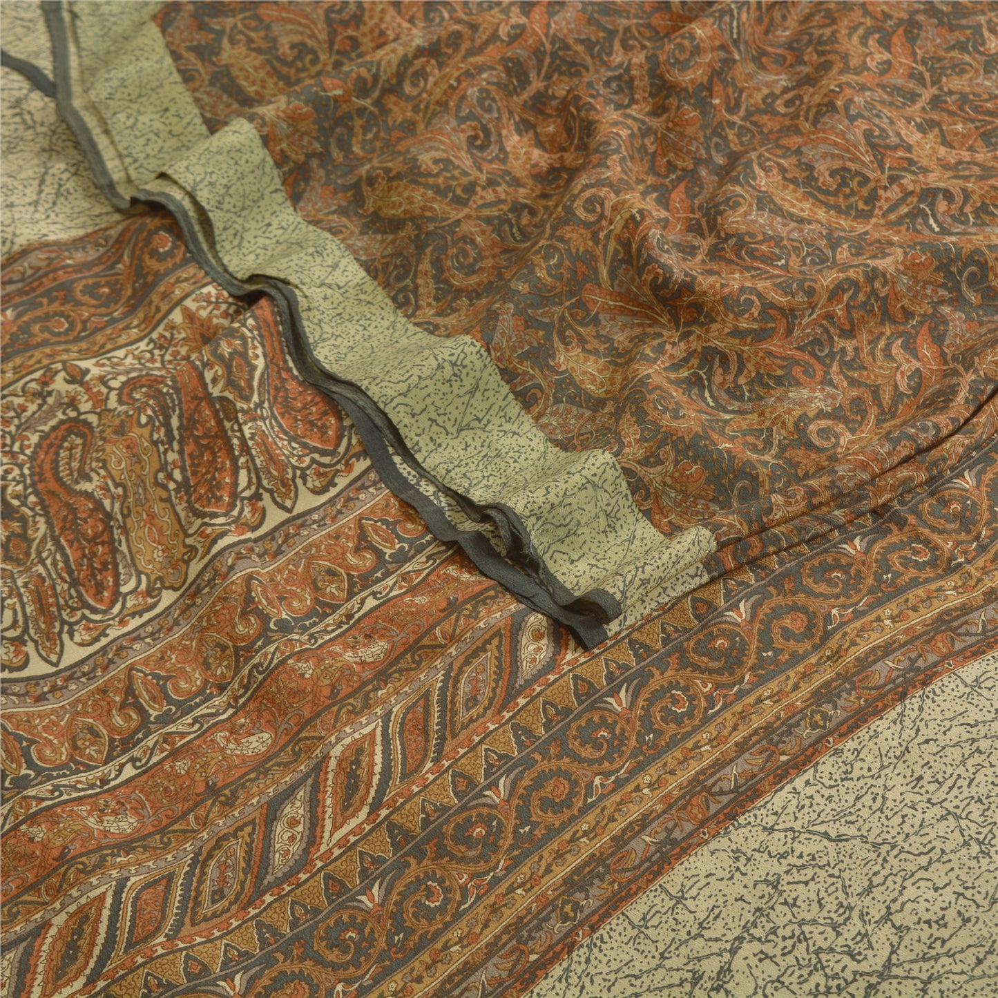 Sanskriti Vintage Sarees Brown Indian Pure Crepe Silk Printed Sari Craft Sustainable Fabric