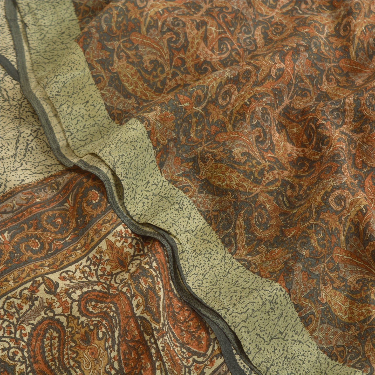 Sanskriti Vintage Sarees Brown Indian Pure Crepe Silk Printed Sari Craft Sustainable Fabric