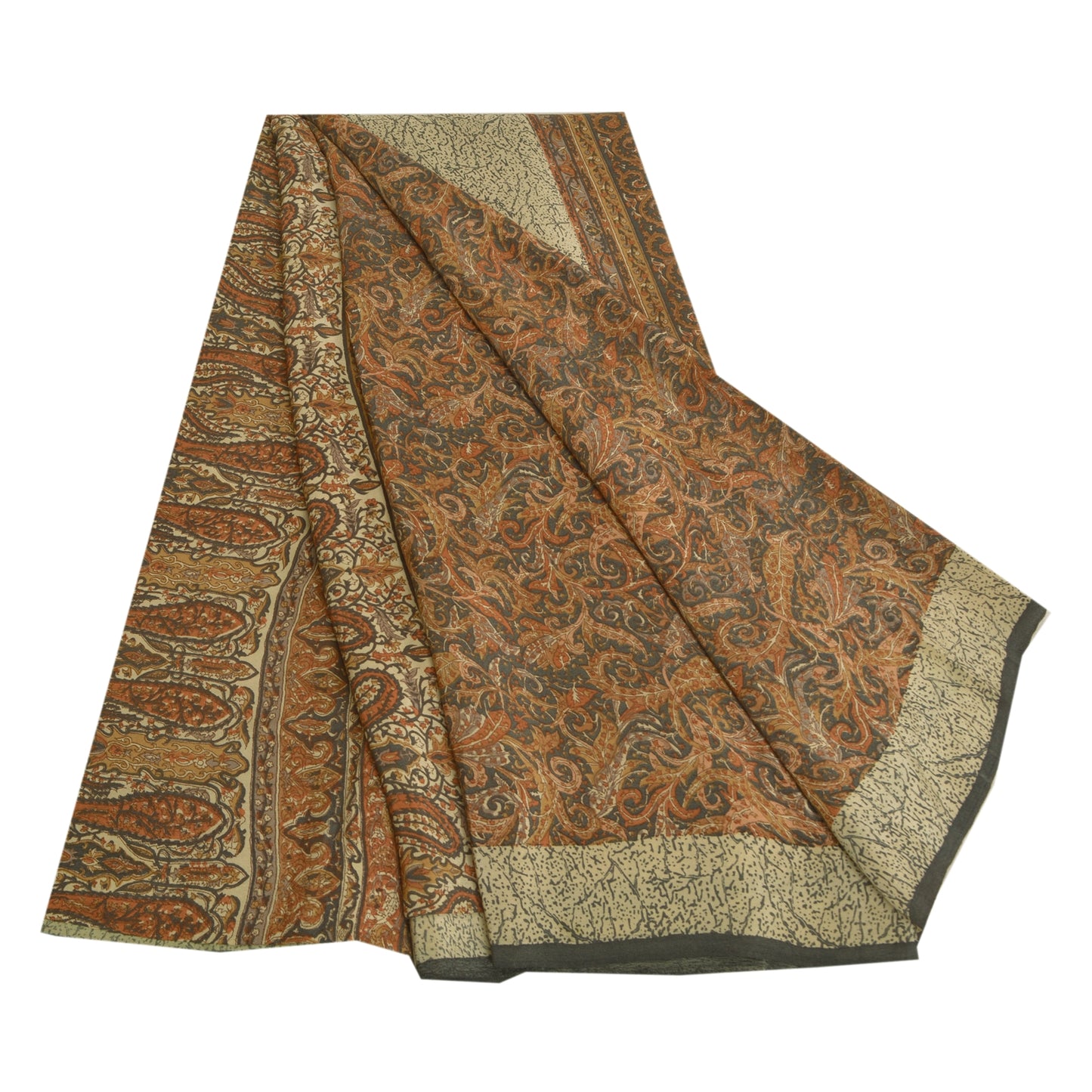 Sanskriti Vintage Sarees Brown Indian Pure Crepe Silk Printed Sari Craft Sustainable Fabric