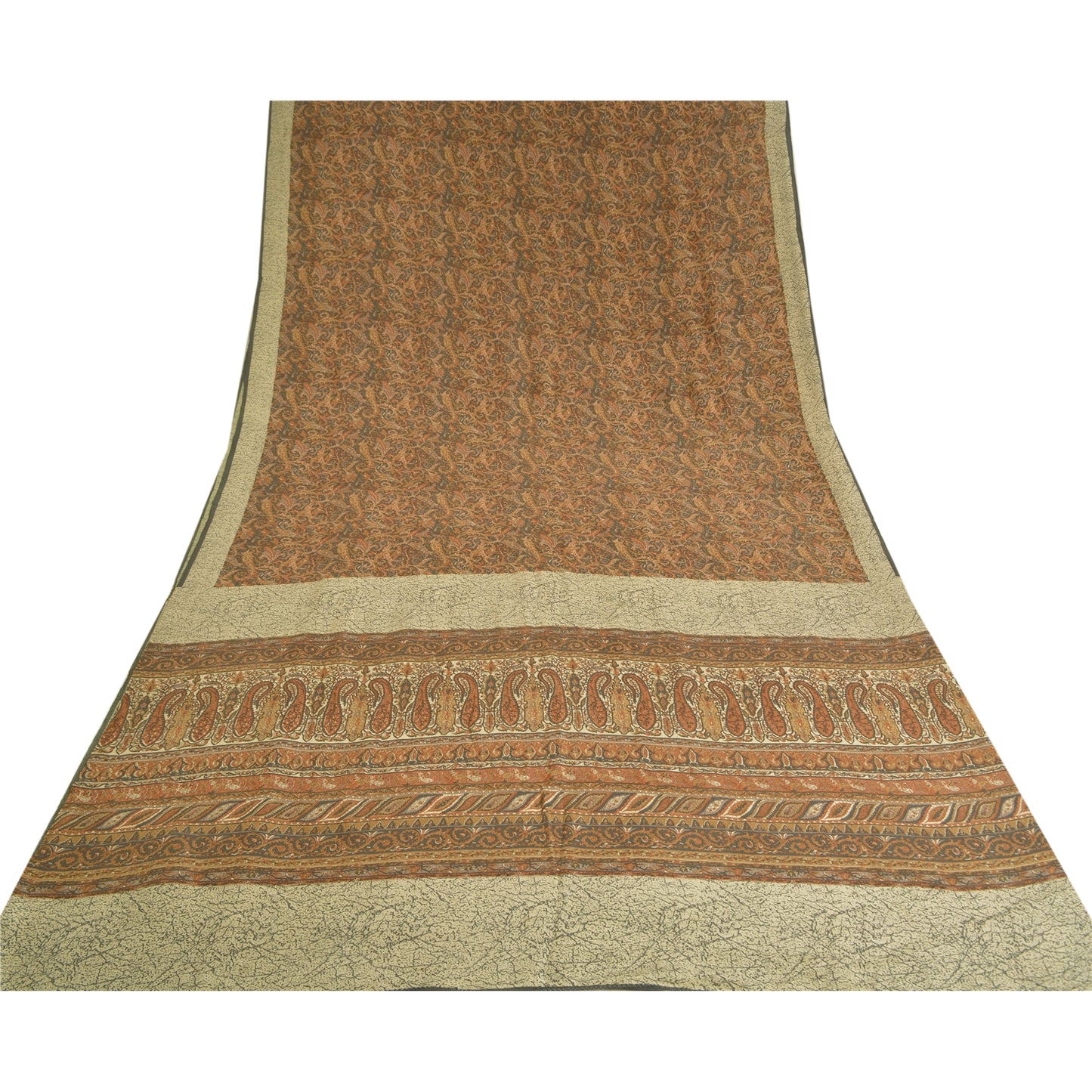 Sanskriti Vintage Sarees Brown Indian Pure Crepe Silk Printed Sari Craft Sustainable Fabric