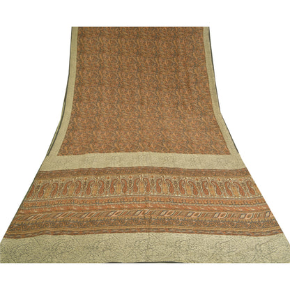 Sanskriti Vintage Sarees Brown Indian Pure Crepe Silk Printed Sari Craft Sustainable Fabric