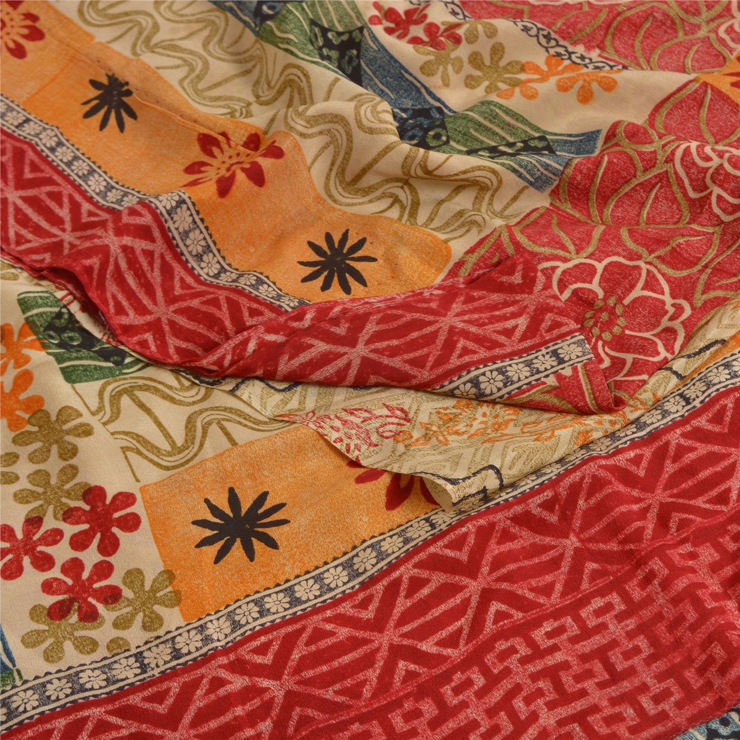 Sanskriti Vintage Sarees Indian Multi Pure Crepe Silk Printed Sari Craft Sustainable Fabric